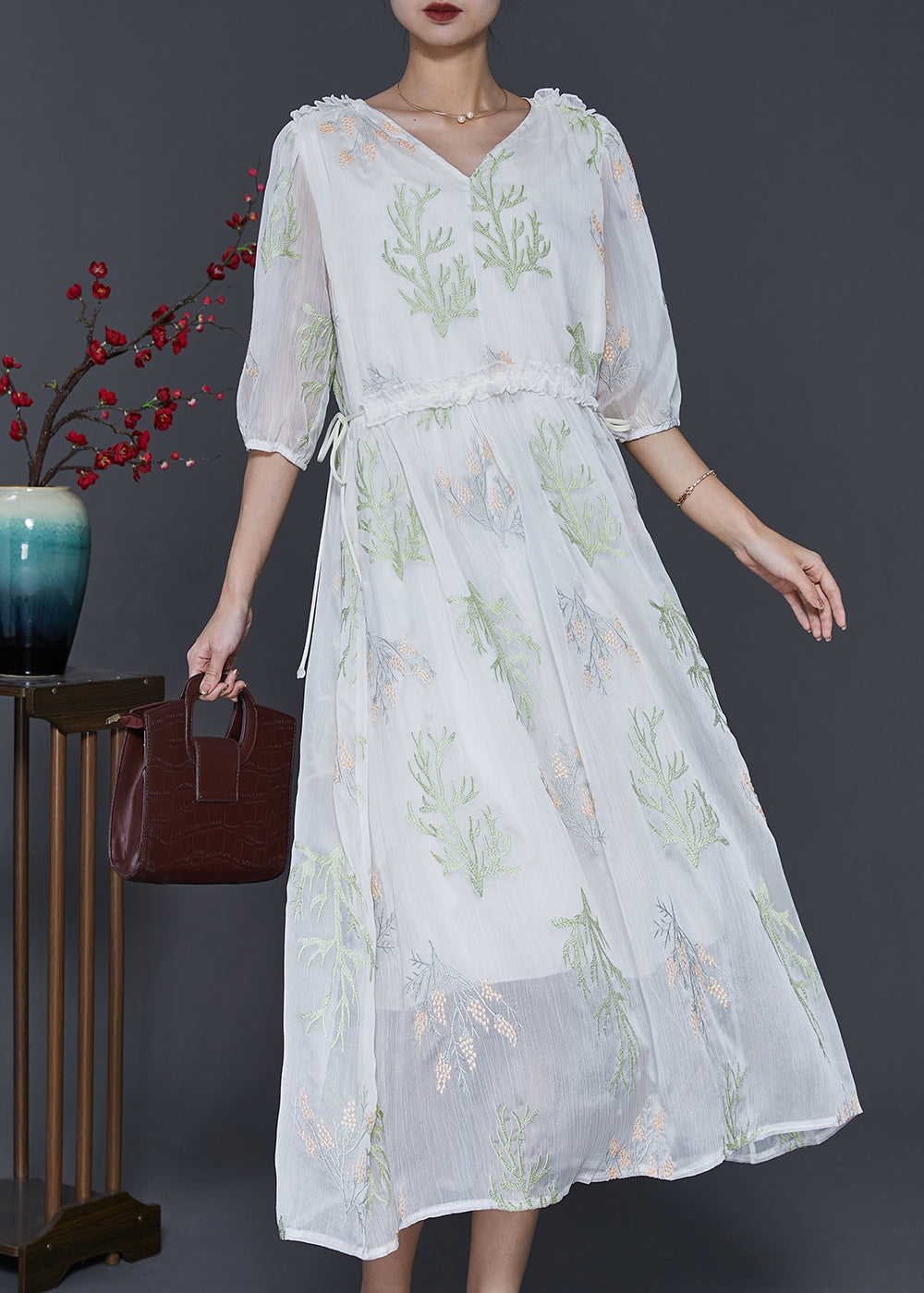 Fine White Embroidered Silk Cinched Dress Summer