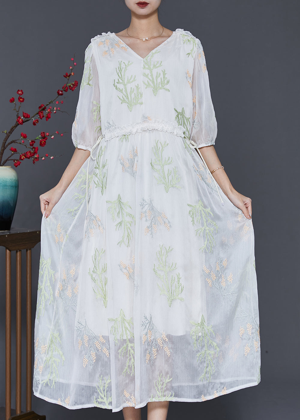 Fine White Embroidered Silk Cinched Dress Summer