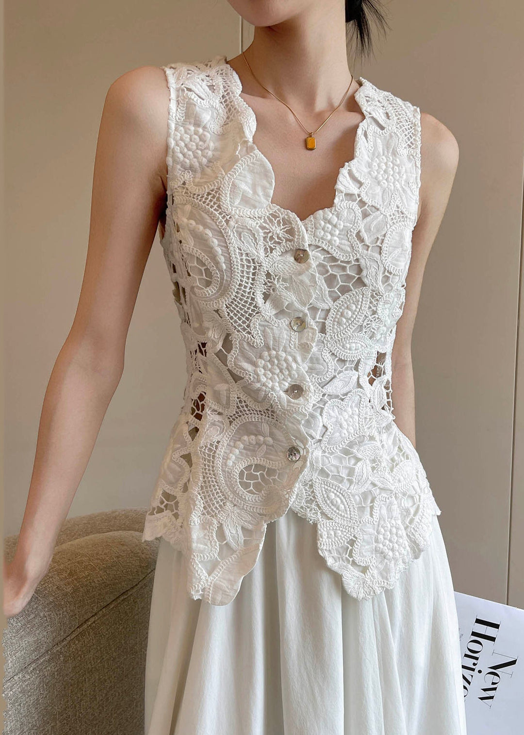 Fine White Embroideried Hollow Out Lace Beach Vest Summer