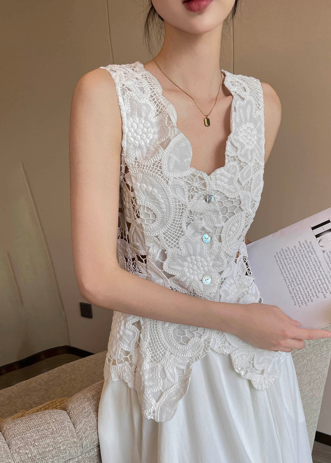 Fine White Embroideried Hollow Out Lace Beach Vest Summer