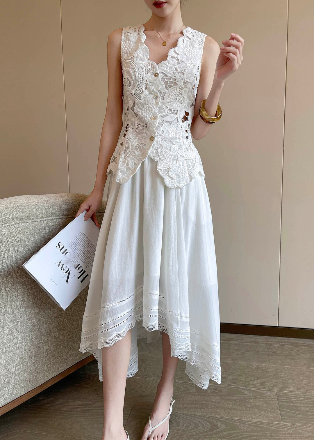 Fine White Embroideried Hollow Out Lace Beach Vest Summer