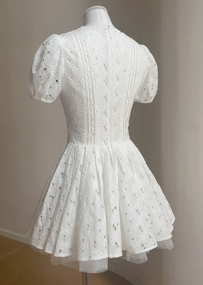 Fine White Hollow Out Tulle Patchwork Mini Dresses Summer