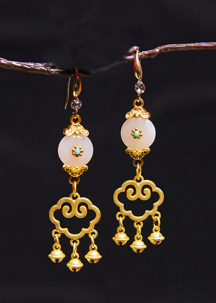 Fine White Jade Auspicious Clouds Small Bell 14K Gold Drop Earrings - Omychic