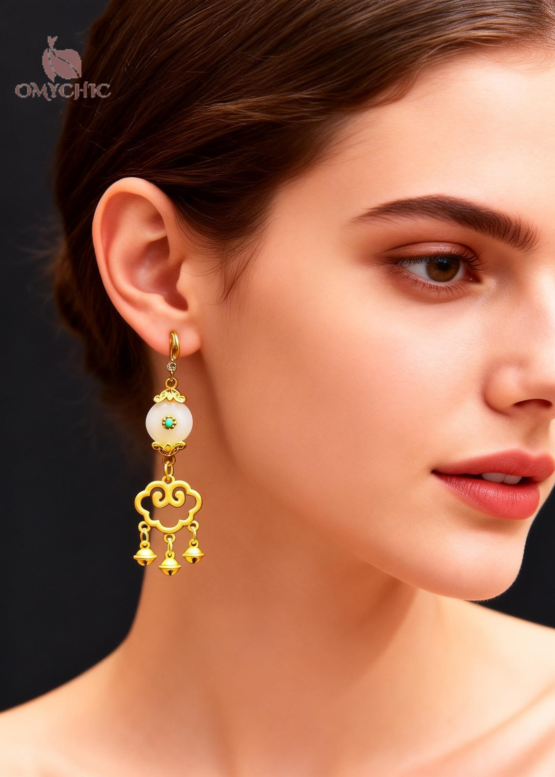 Fine White Jade Auspicious Clouds Small Bell Drop Earrings