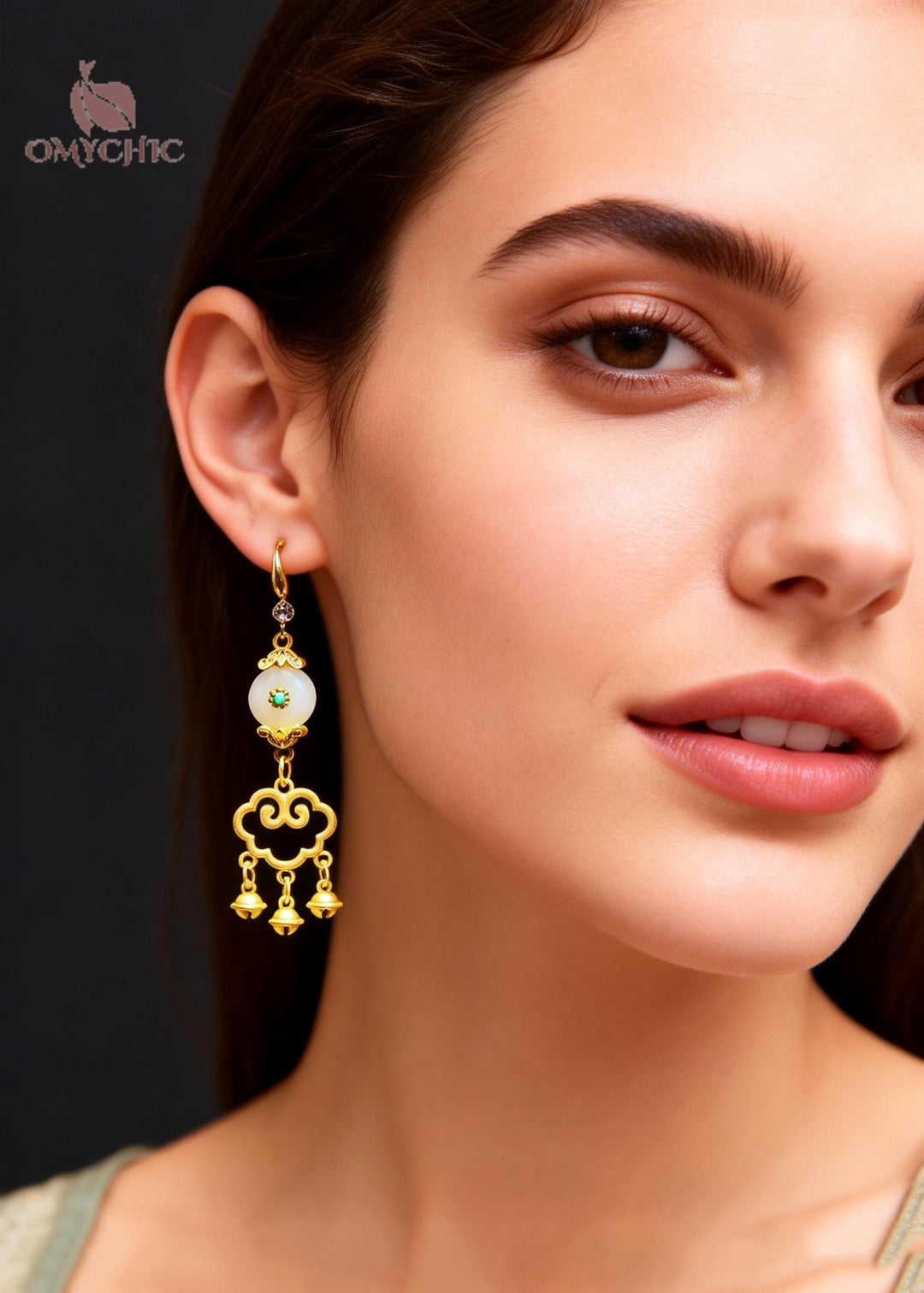 Fine White Jade Auspicious Clouds Small Bell Drop Earrings