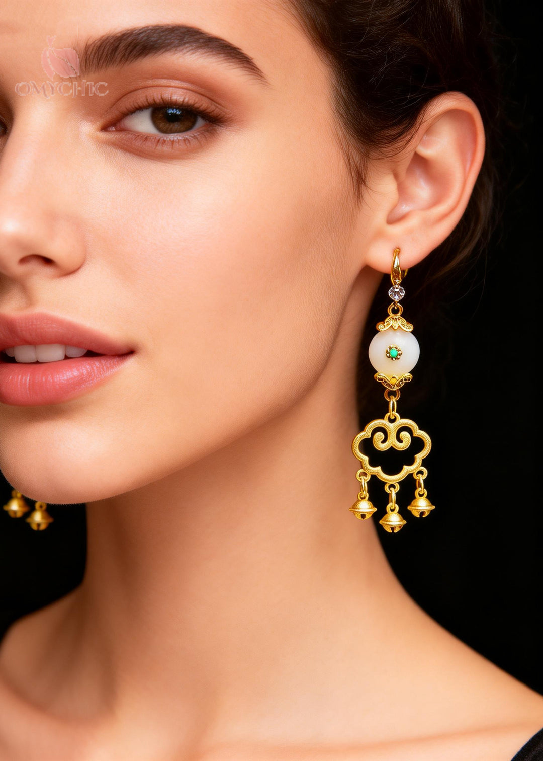 Fine White Jade Auspicious Clouds Small Bell Drop Earrings
