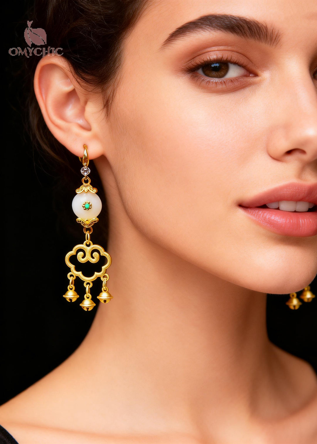 Fine White Jade Auspicious Clouds Small Bell Drop Earrings