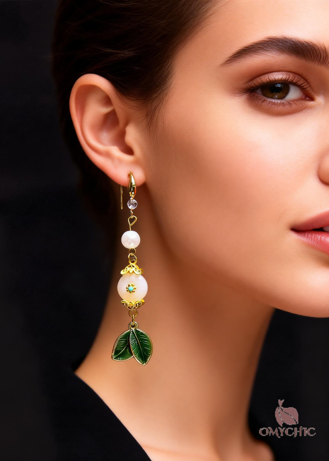 Fine White Jade Green Leaf Metal Drop Earrings