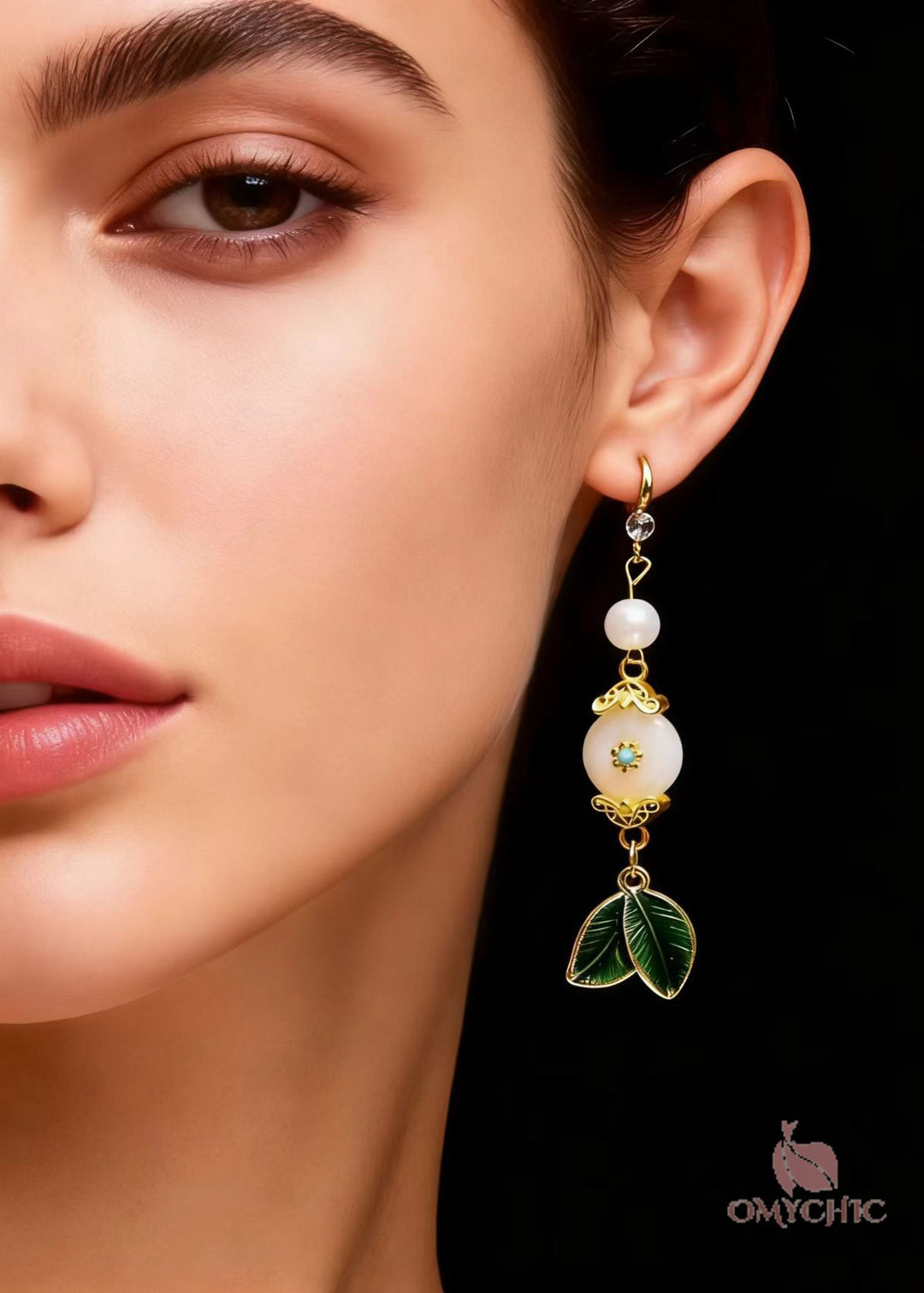Fine White Jade Green Leaf Metal Drop Earrings