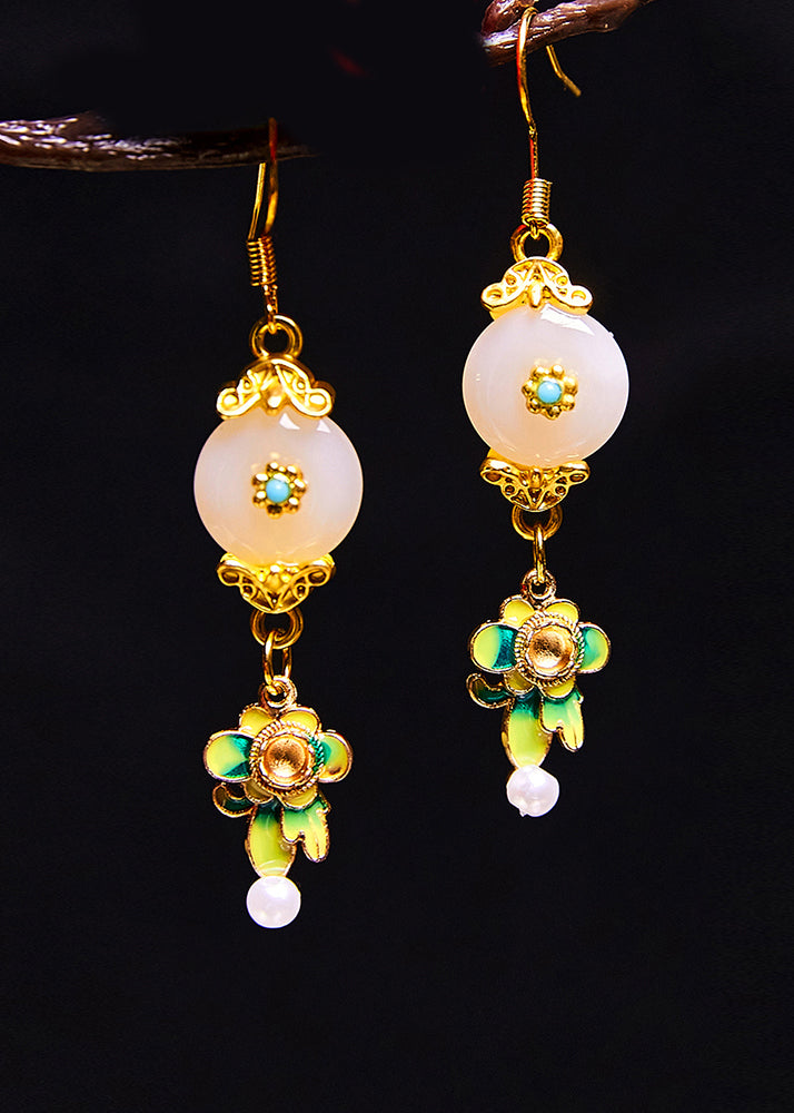 Fine White Jade Paitings Flower Metal Drop Earrings 2025 new style - Omychic