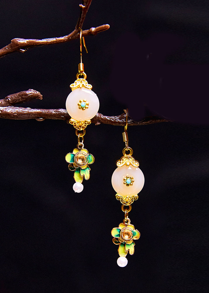 Fine White Jade Paitings Flower Metal Drop Earrings