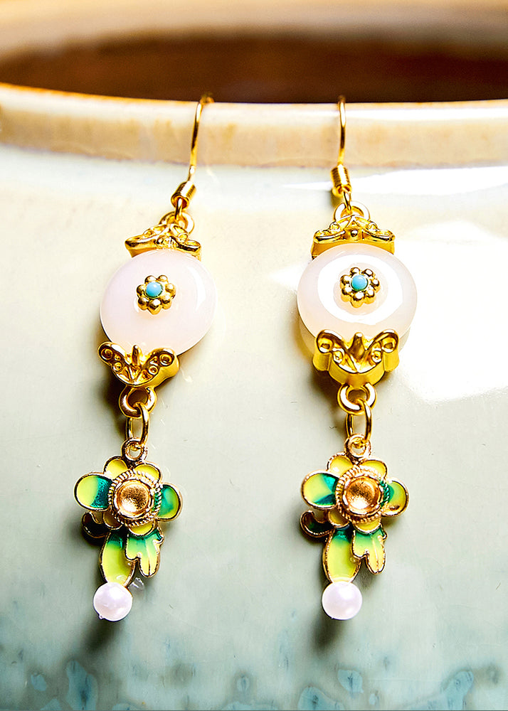 Fine White Jade Paitings Flower Metal Drop Earrings