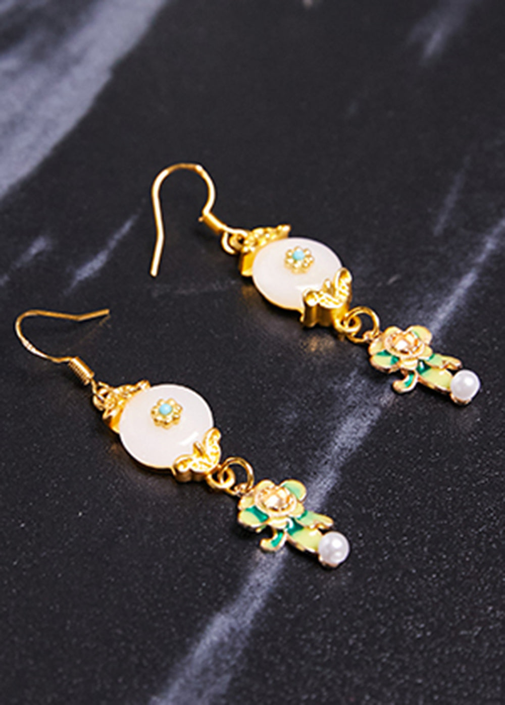 Fine White Jade Paitings Flower Metal Drop Earrings 2025 new style - Omychic