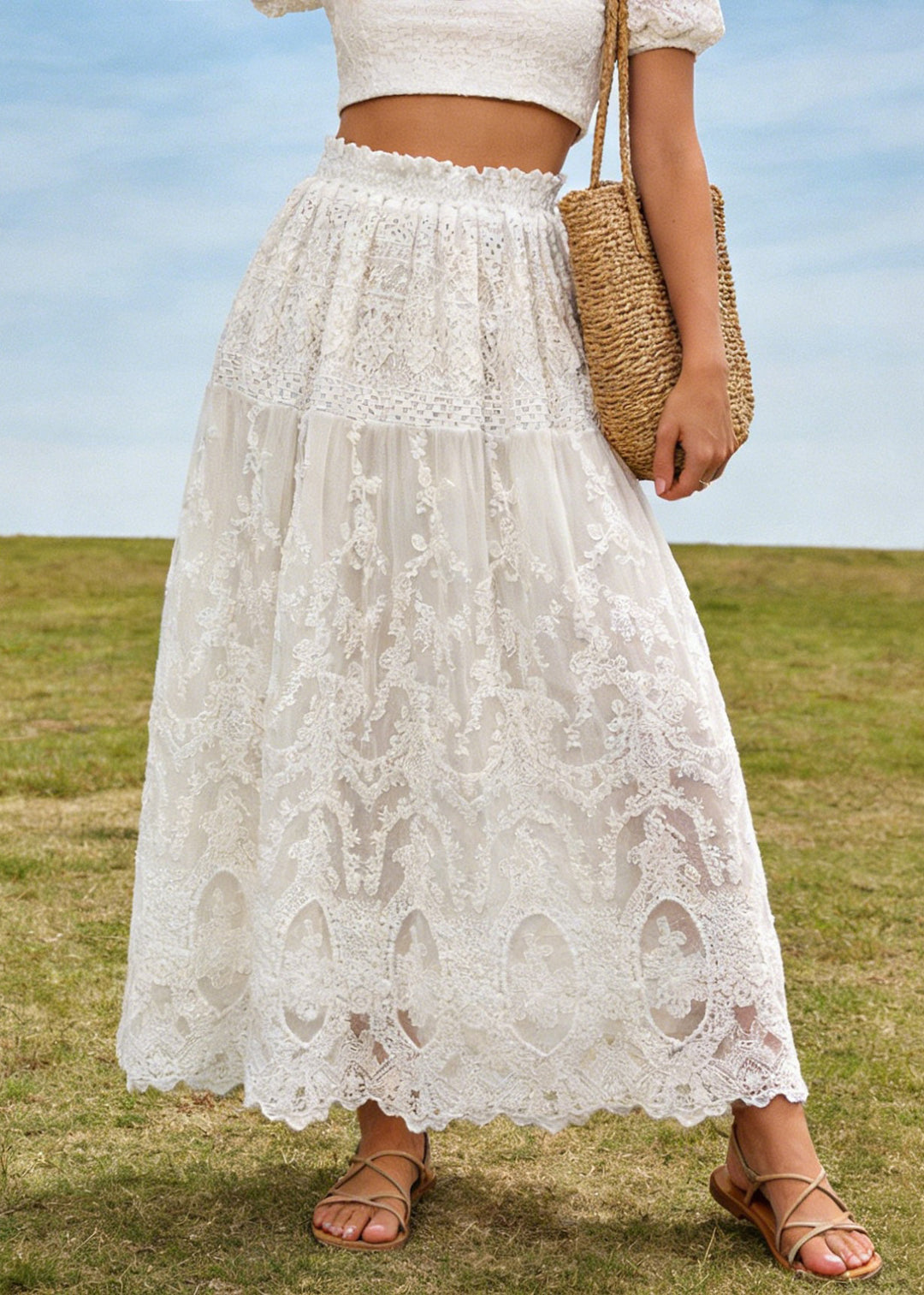 Fine White Lace Embroidered Wrinkled Tulle Skirt Summer