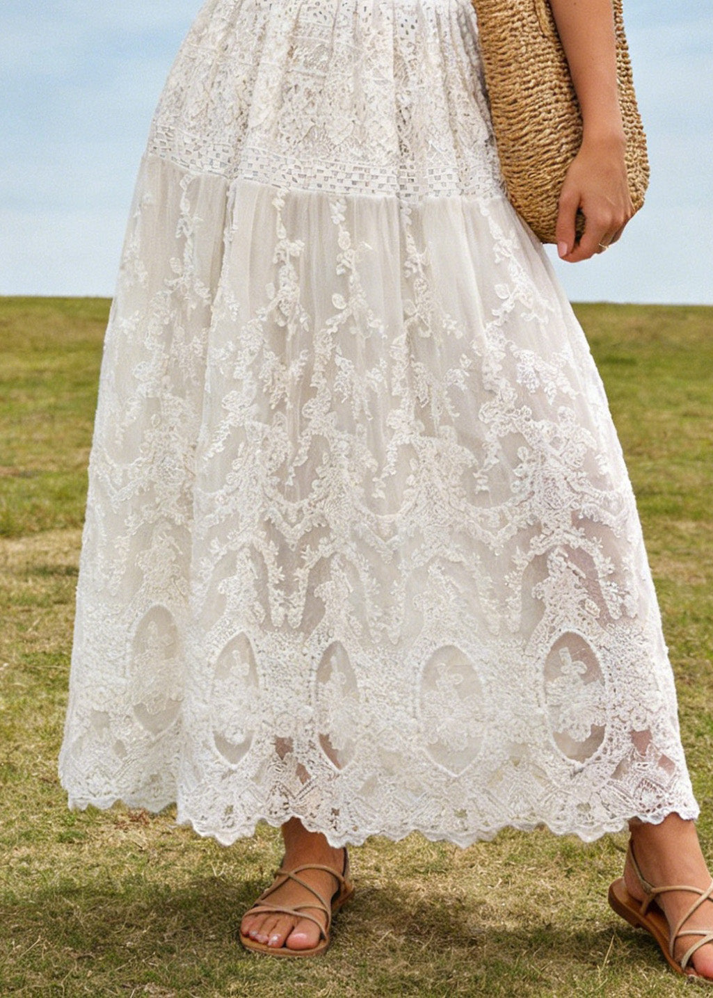 Fine White Lace Embroidered Wrinkled Tulle Skirt Summer