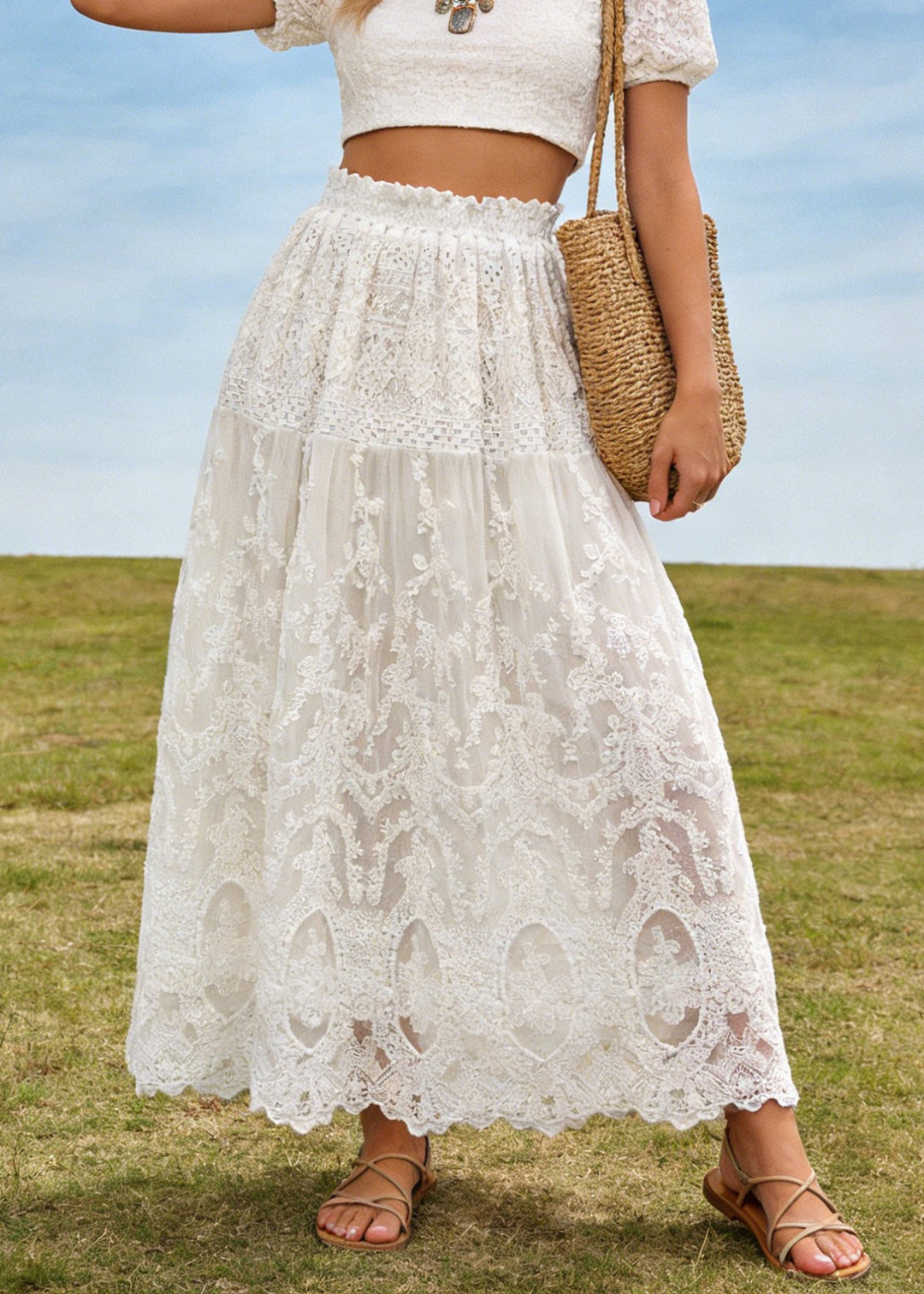 Fine White Lace Embroidered Wrinkled Tulle Skirt Summer