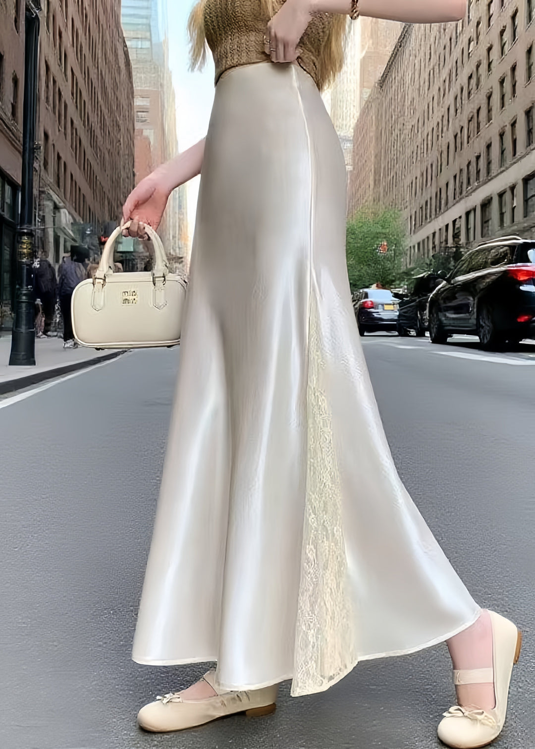 Fine White Lace Patchwork Draping Silk A Line Skirts Summer