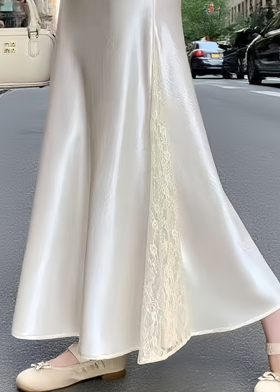 Fine White Lace Patchwork Draping Silk A Line Skirts Summer