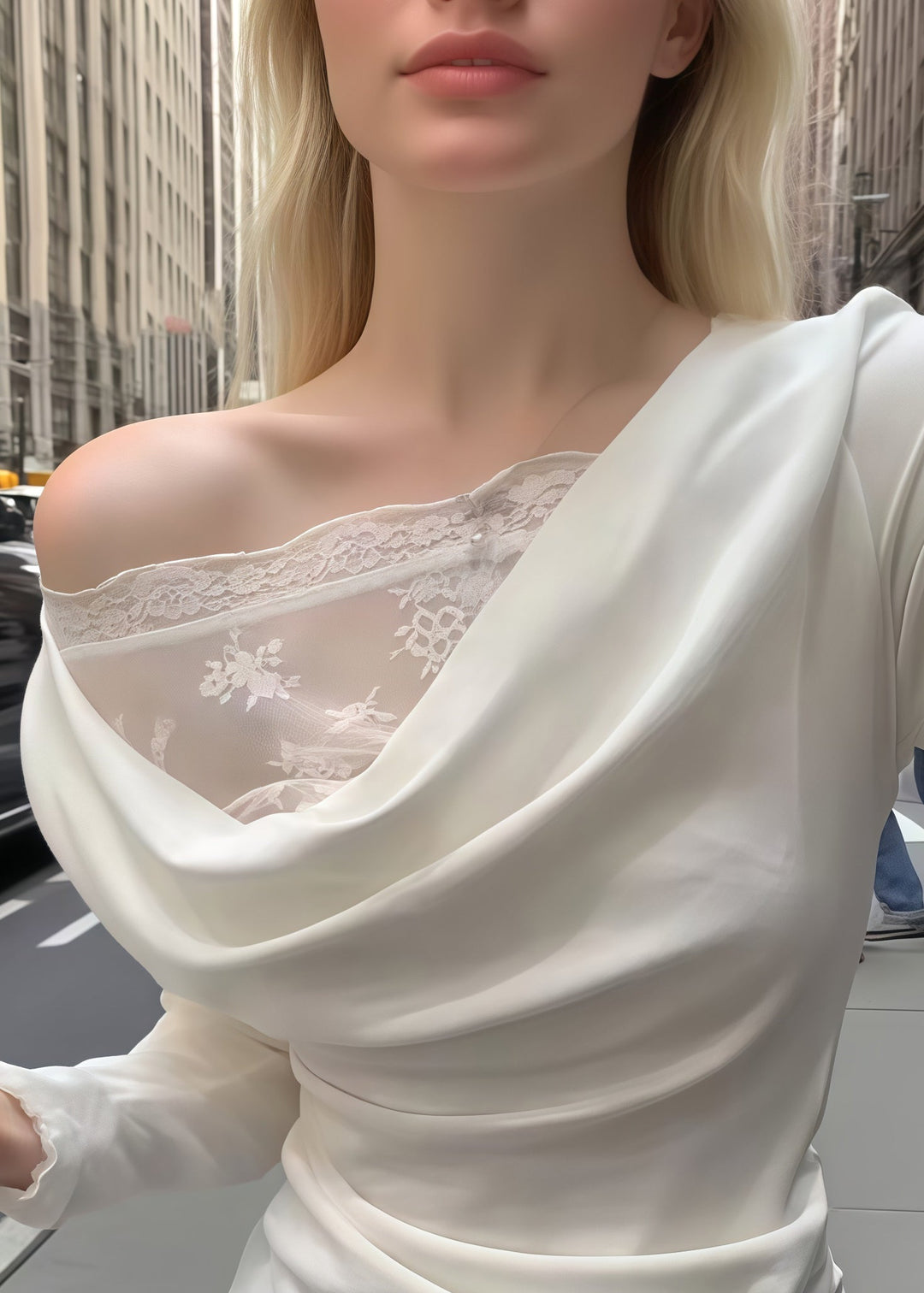 Fine White Lace Patchwork Wrinkled Cotton Tops Fall