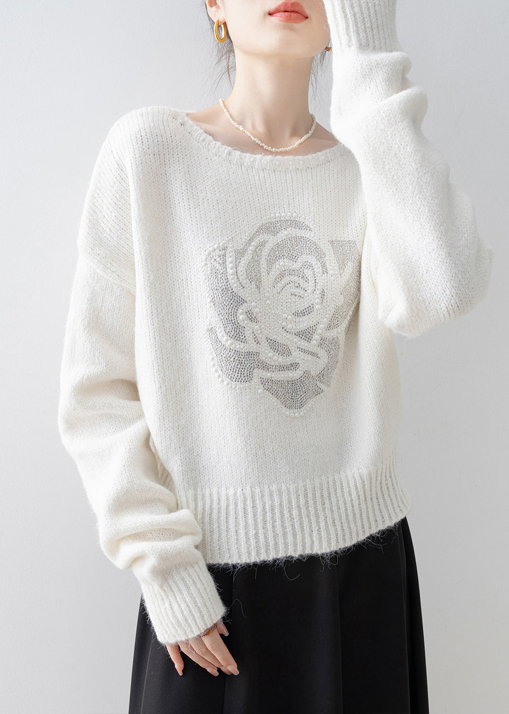 Fine White O Neck Zircon Floral Knit Sweaters Spring