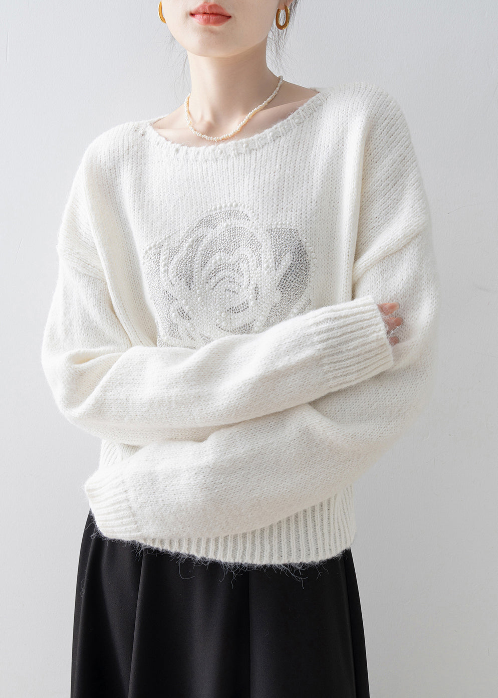 Fine White O Neck Zircon Floral Knit Sweaters Spring