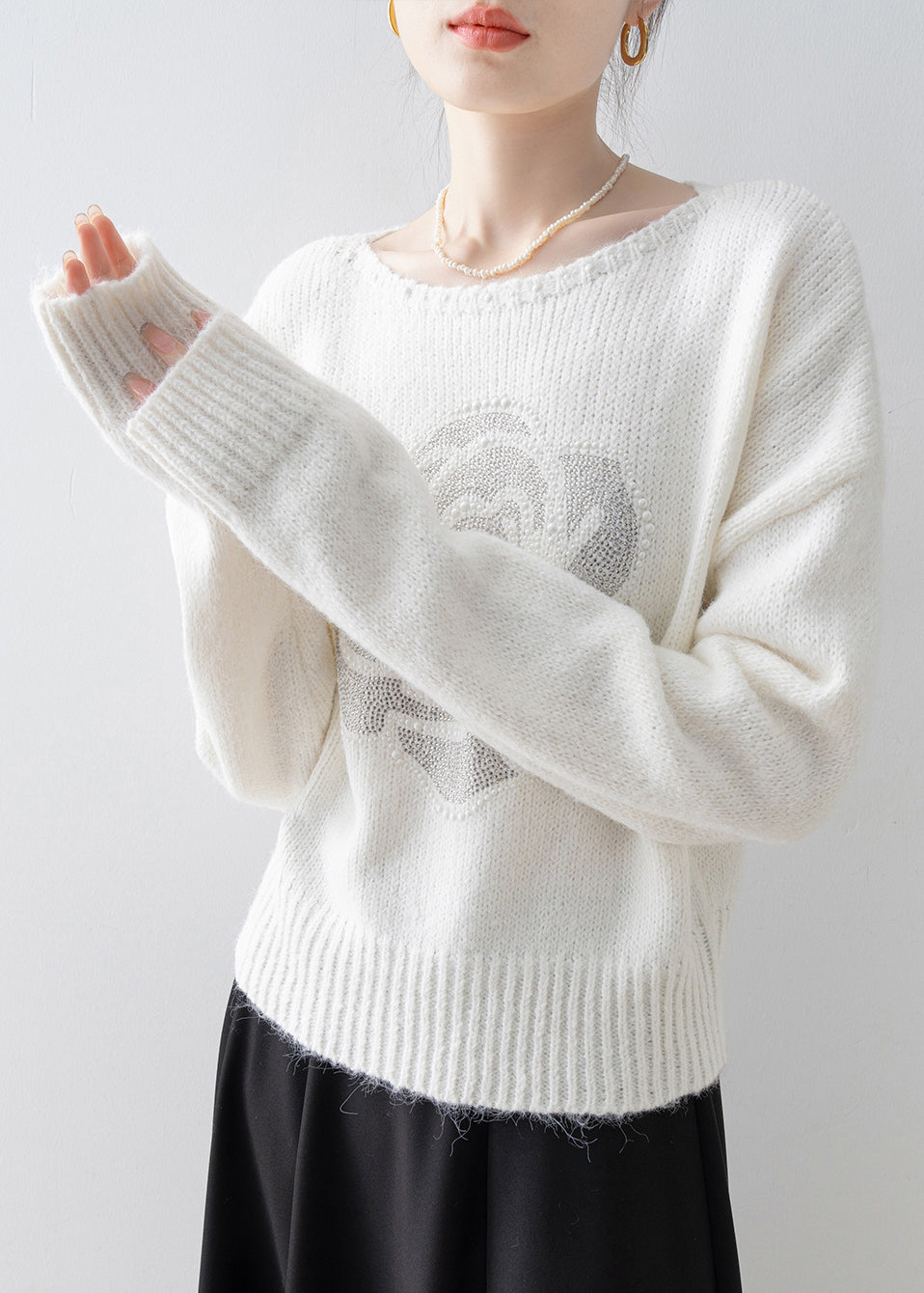 Fine White O Neck Zircon Floral Knit Sweaters Spring