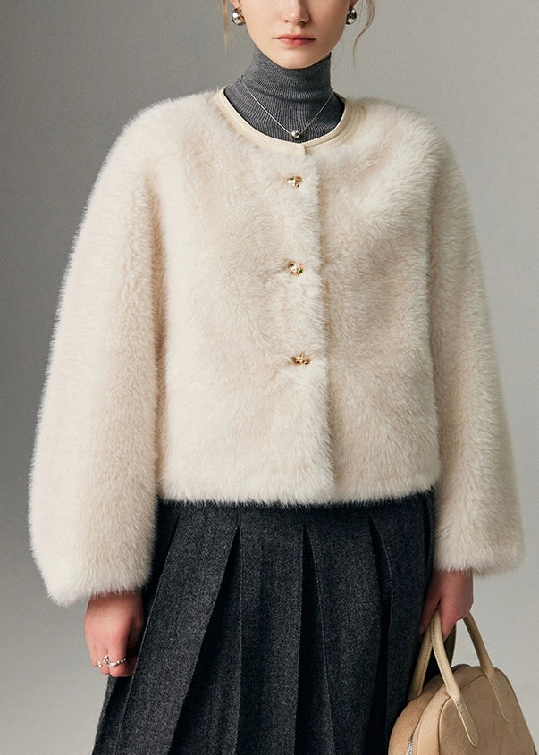 Fine White Original Design Button Solid Leather And Fur Coat