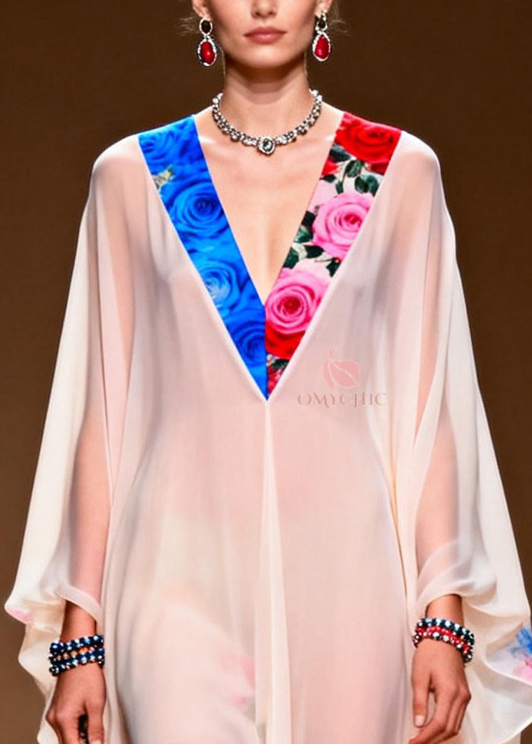 Fine White Oversized Print Chiffon Evening Dress Summer