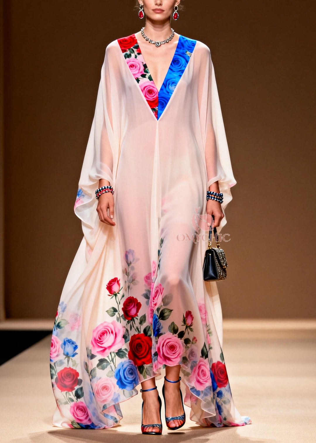 Fine White Oversized Print Chiffon Evening Dress Summer