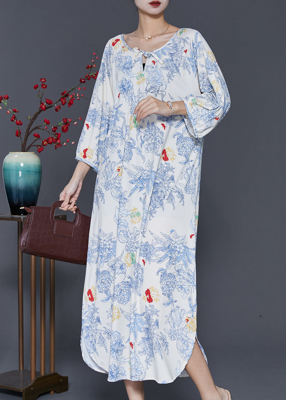 Fine White Oversized Print Cotton Maxi Dress Spring