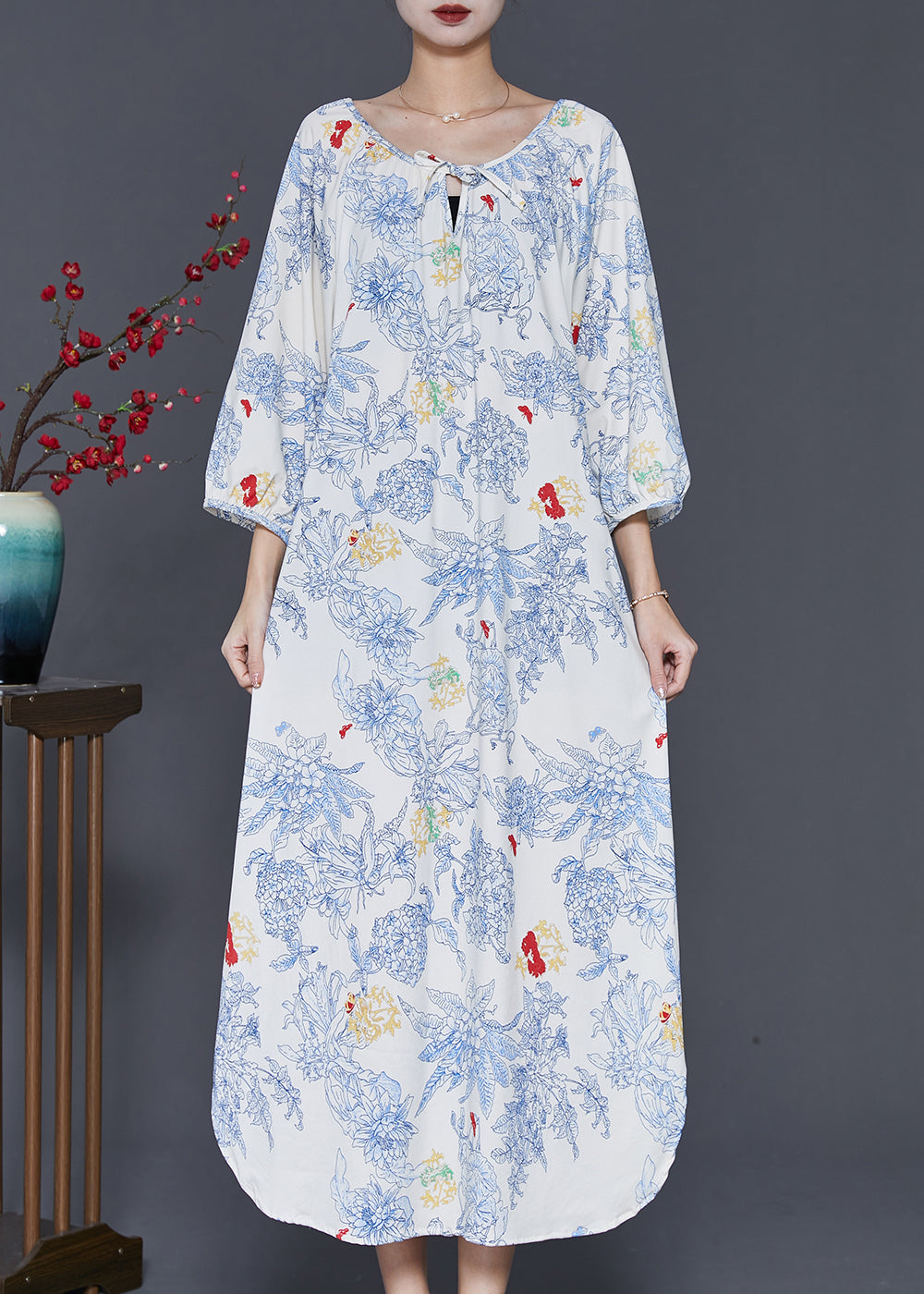 Fine White Oversized Print Cotton Maxi Dress Spring