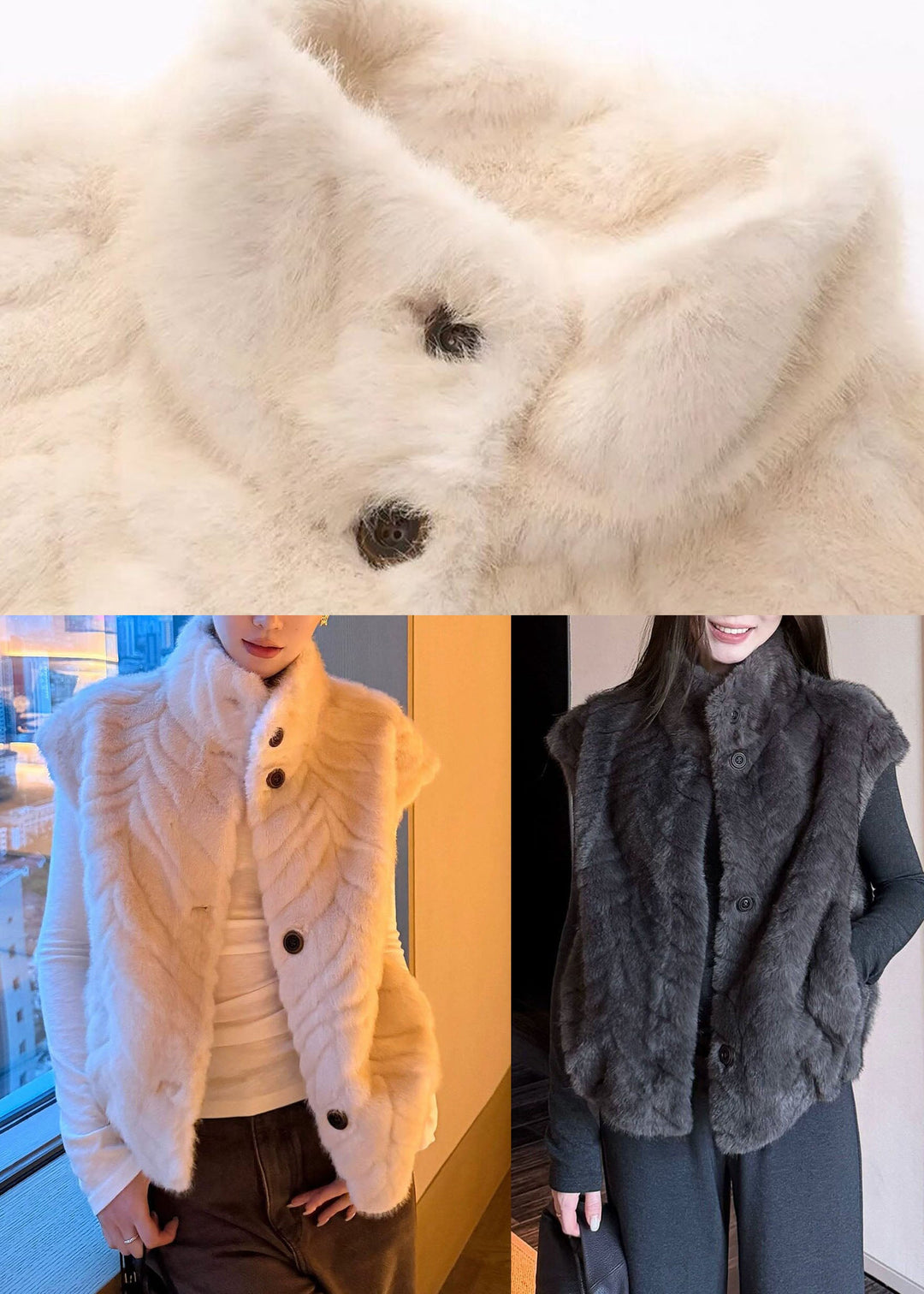 Fine White Patchwork Button Fuzzy Fur Waistcoat Short Sleeve