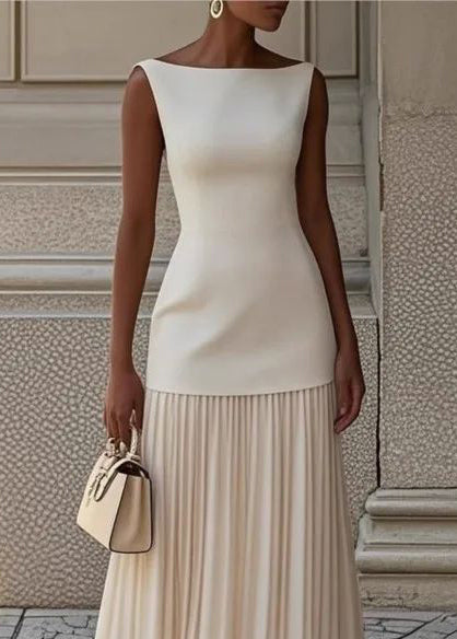 Fine White Patchwork Pleated Chiffon Maxi Dresses Sleeveless