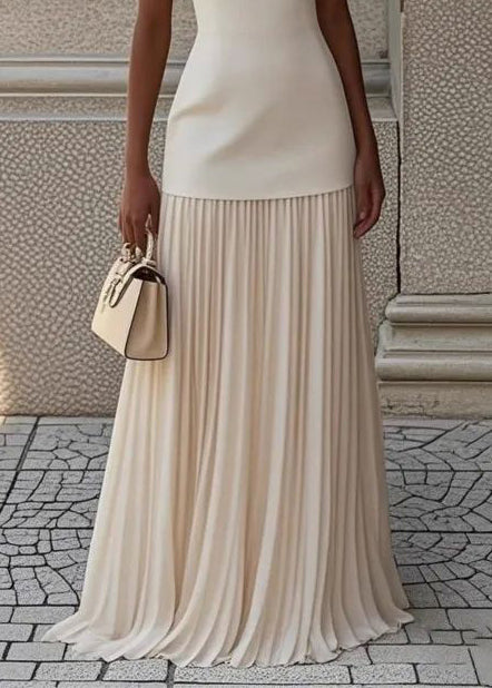 Fine White Patchwork Pleated Chiffon Maxi Dresses Sleeveless