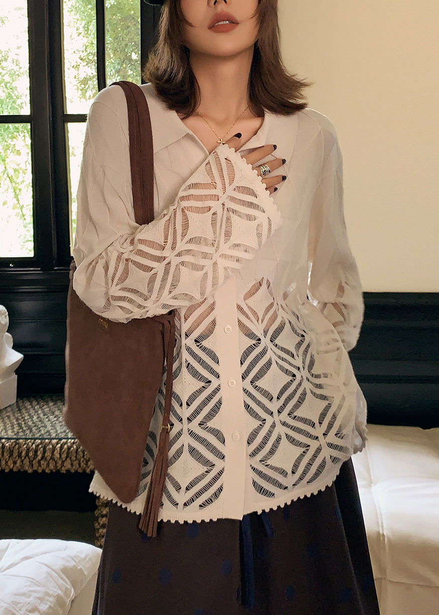 Fine White Peter Pan Collar Hollow Out Patchwork Woolen Blouse Top Fall