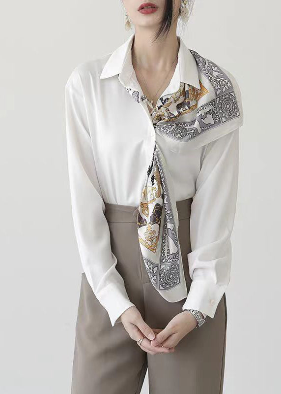 Fine White Peter Pan Collar Silk Shirts Fall