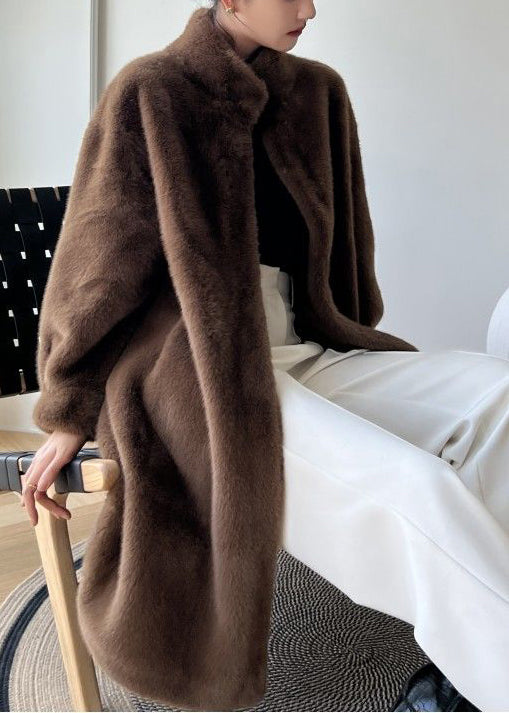 Fine White Stand Collar Mink Velvet Fur Coat Winter