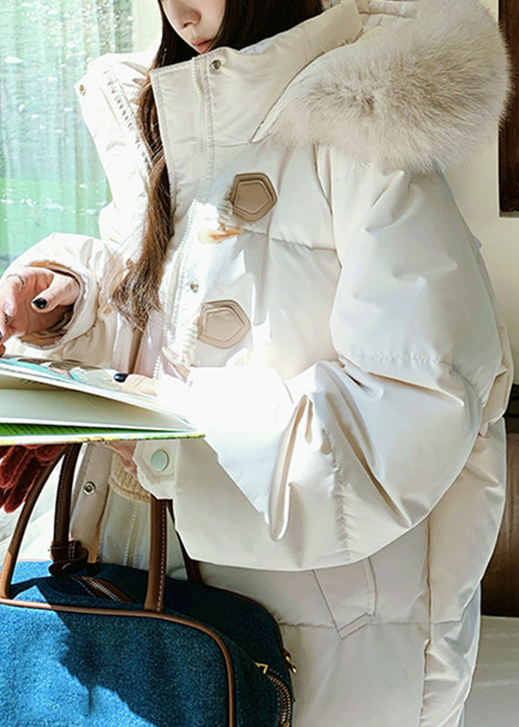 Fine White Stand Collar Pockets Thick Hooded Fine Cotton Filled Parka Winter