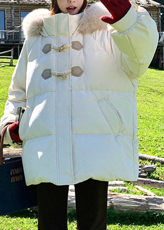 Fine White Stand Collar Pockets Thick Hooded Fine Cotton Filled Parka Winter