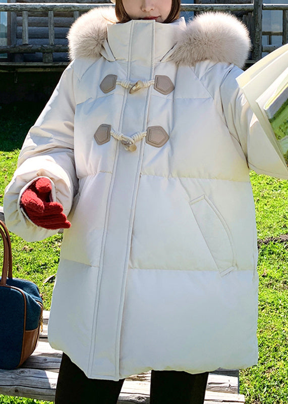 Fine White Stand Collar Pockets Thick Hooded Fine Cotton Filled Parka Winter