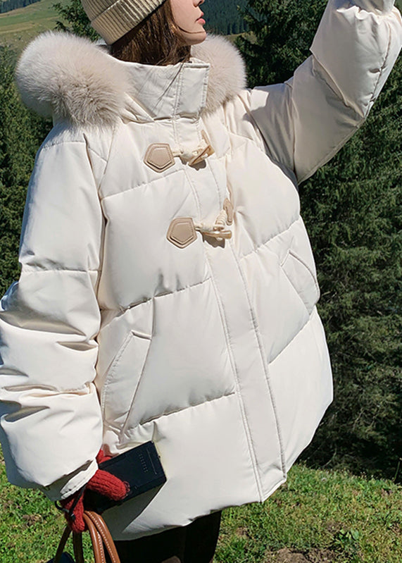 Fine White Stand Collar Pockets Thick Hooded Fine Cotton Filled Parka Winter