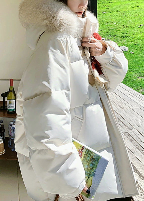 Fine White Stand Collar Pockets Thick Hooded Fine Cotton Filled Parka Winter