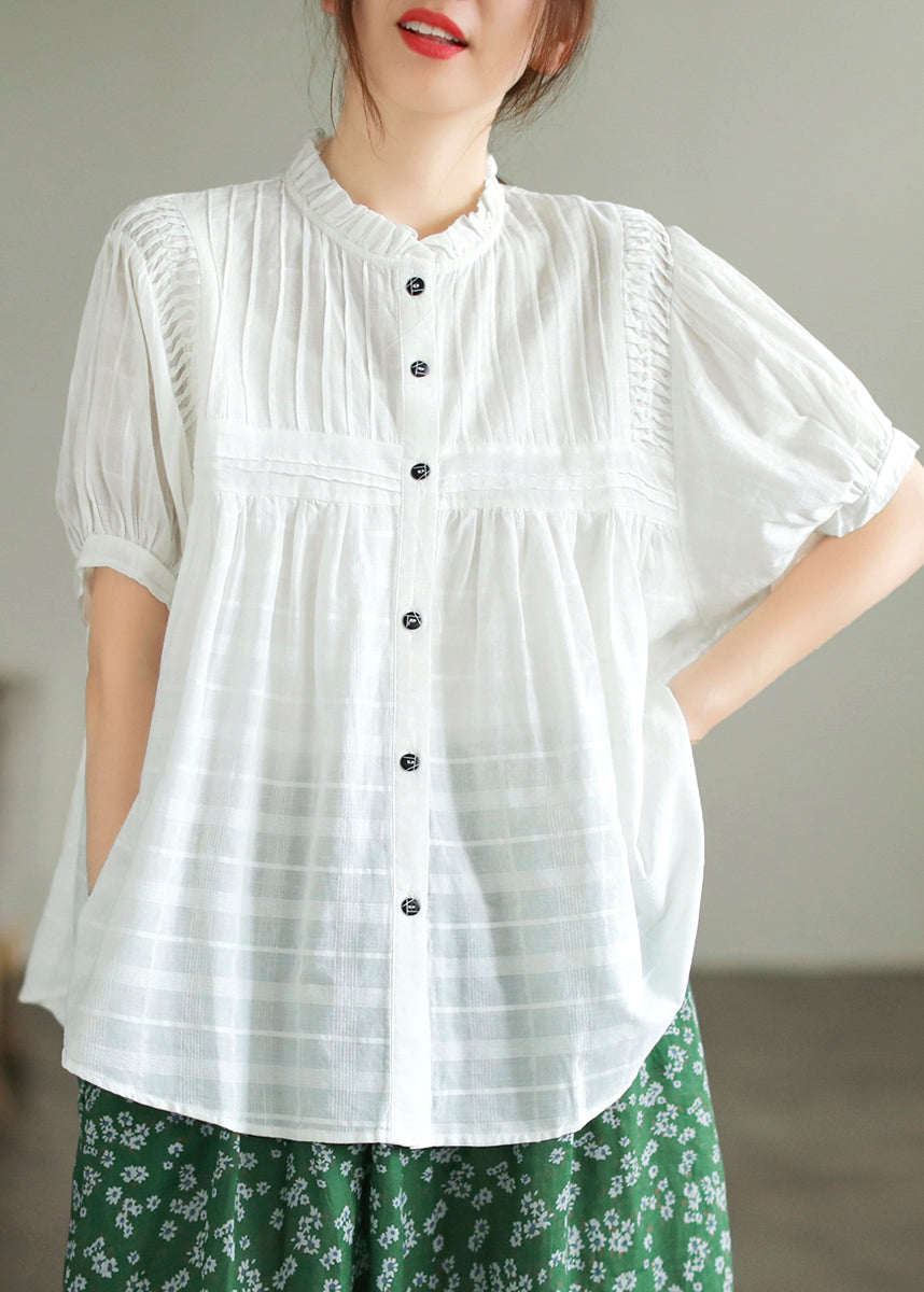 Fine White Stand Collar Wrinkled Cotton Blouse Top Summer