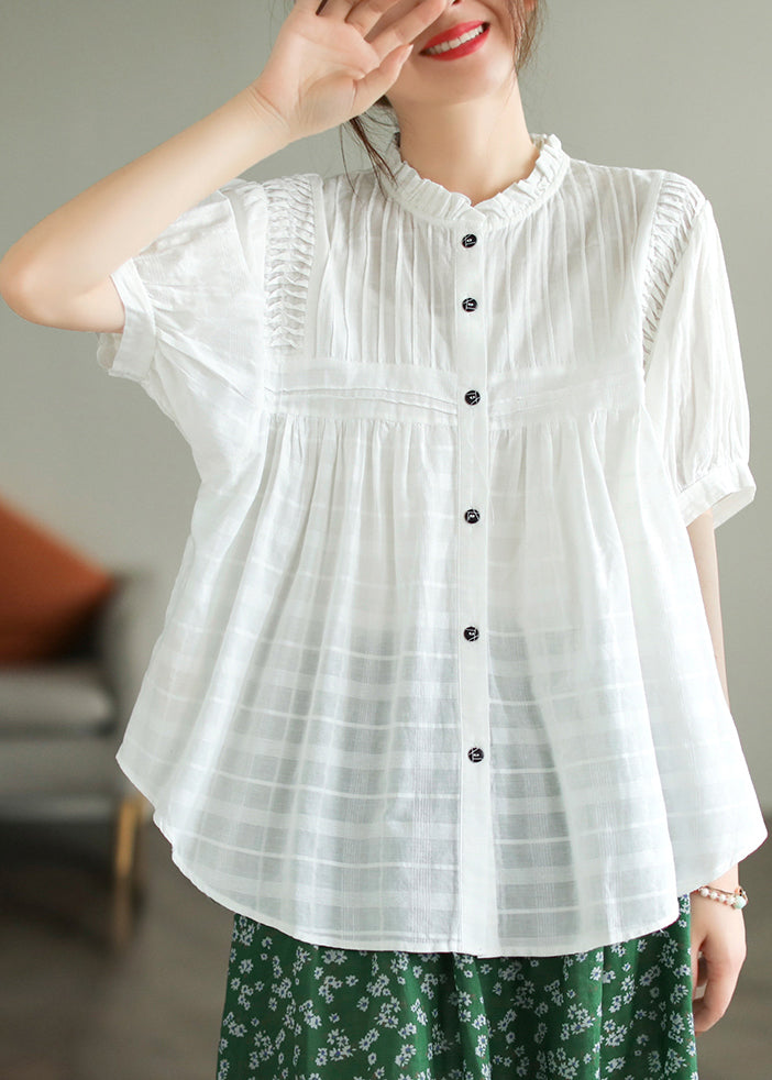 Fine White Stand Collar Wrinkled Cotton Blouse Top Summer