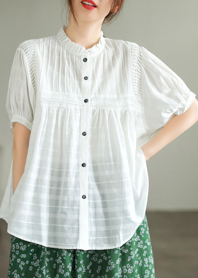Fine White Stand Collar Wrinkled Cotton Blouse Top Summer
