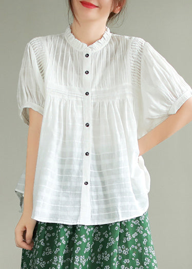 Fine White Stand Collar Wrinkled Cotton Blouse Top Summer