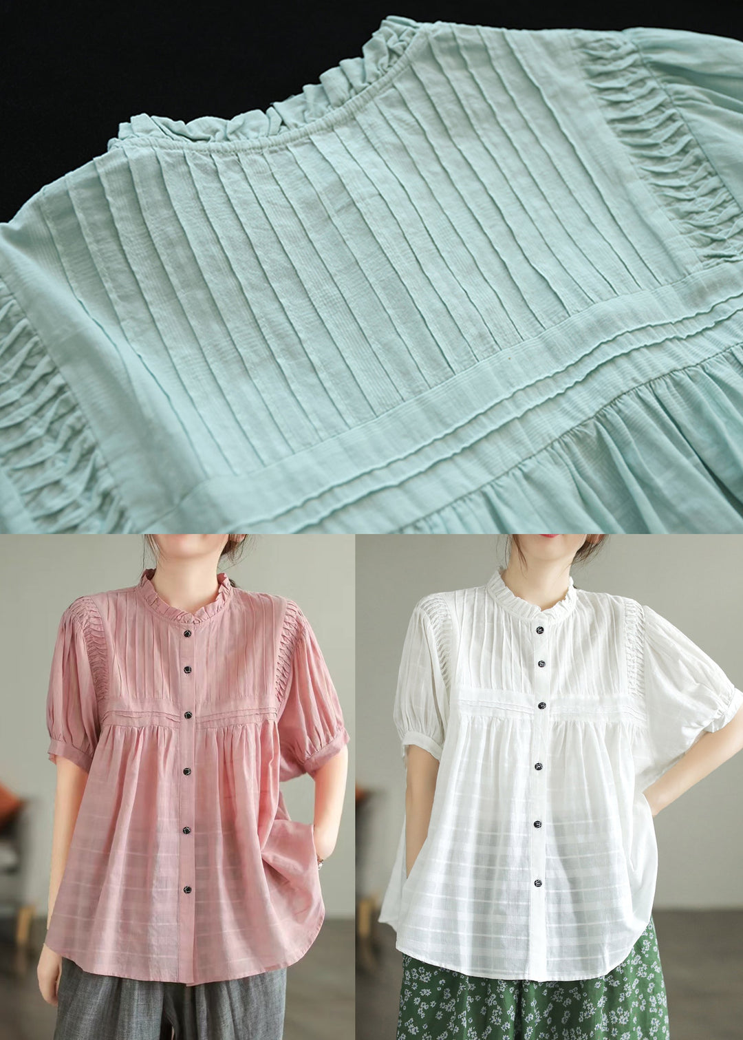 Fine White Stand Collar Wrinkled Cotton Blouse Top Summer