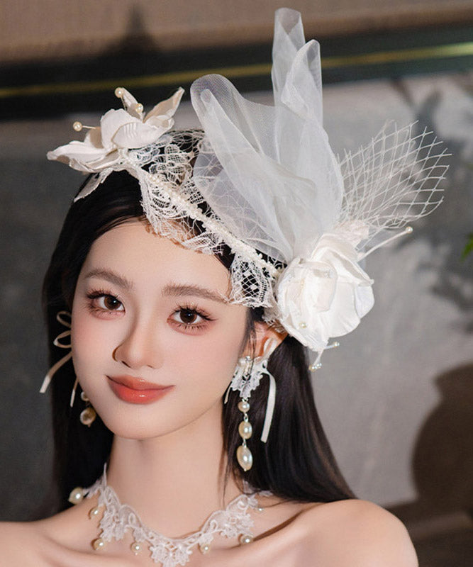 Fine White Tulle Patchwork Lace Pearl Floral HairPiece