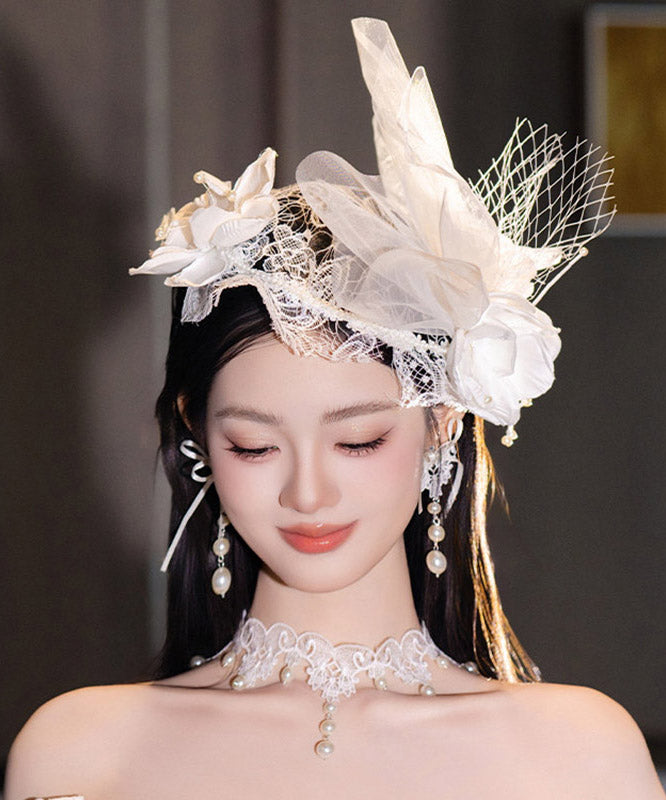 Fine White Tulle Patchwork Lace Pearl Floral HairPiece