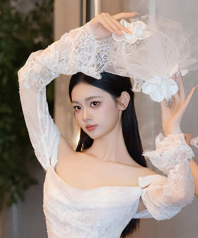 Fine White Tulle Patchwork Lace Pearl Floral HairPiece